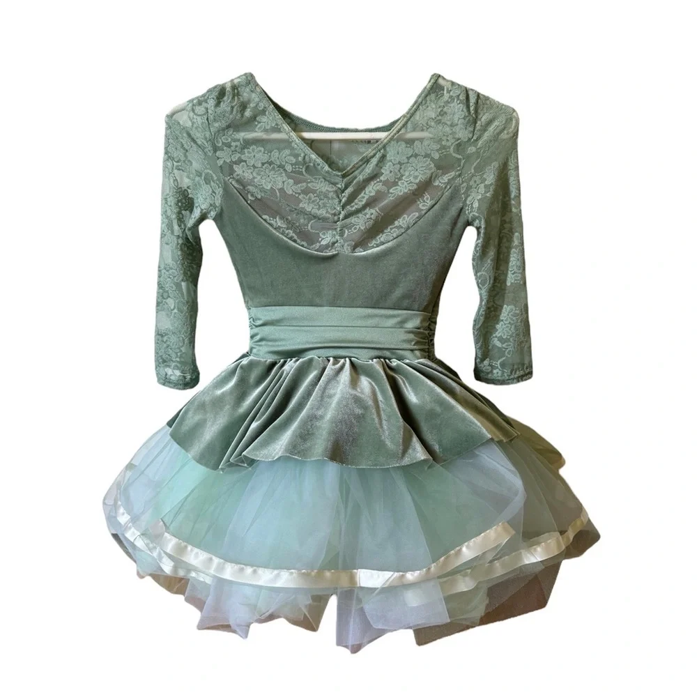 Weissman Green Ballet Tutu Costume MC Floral Lace Velour Recital Dance Dress